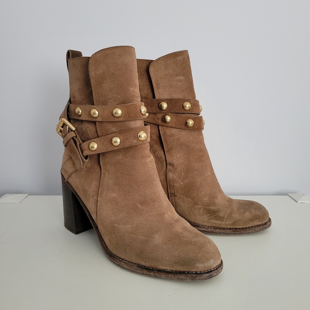 SEE BY CHLOE tan suede heeled booties with belt detail and gold studs